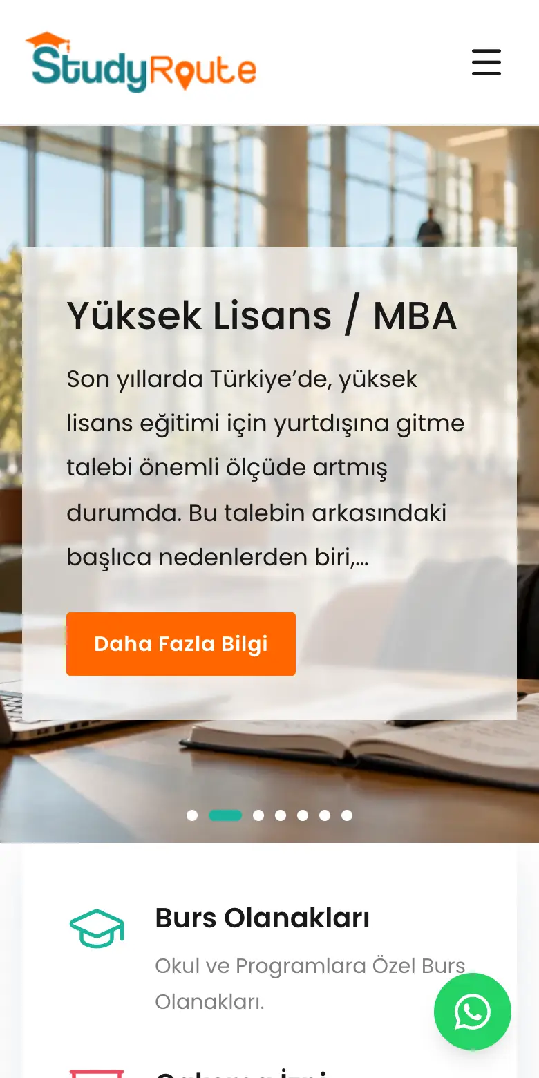 Study Route sitesinin telefonda anasayfası