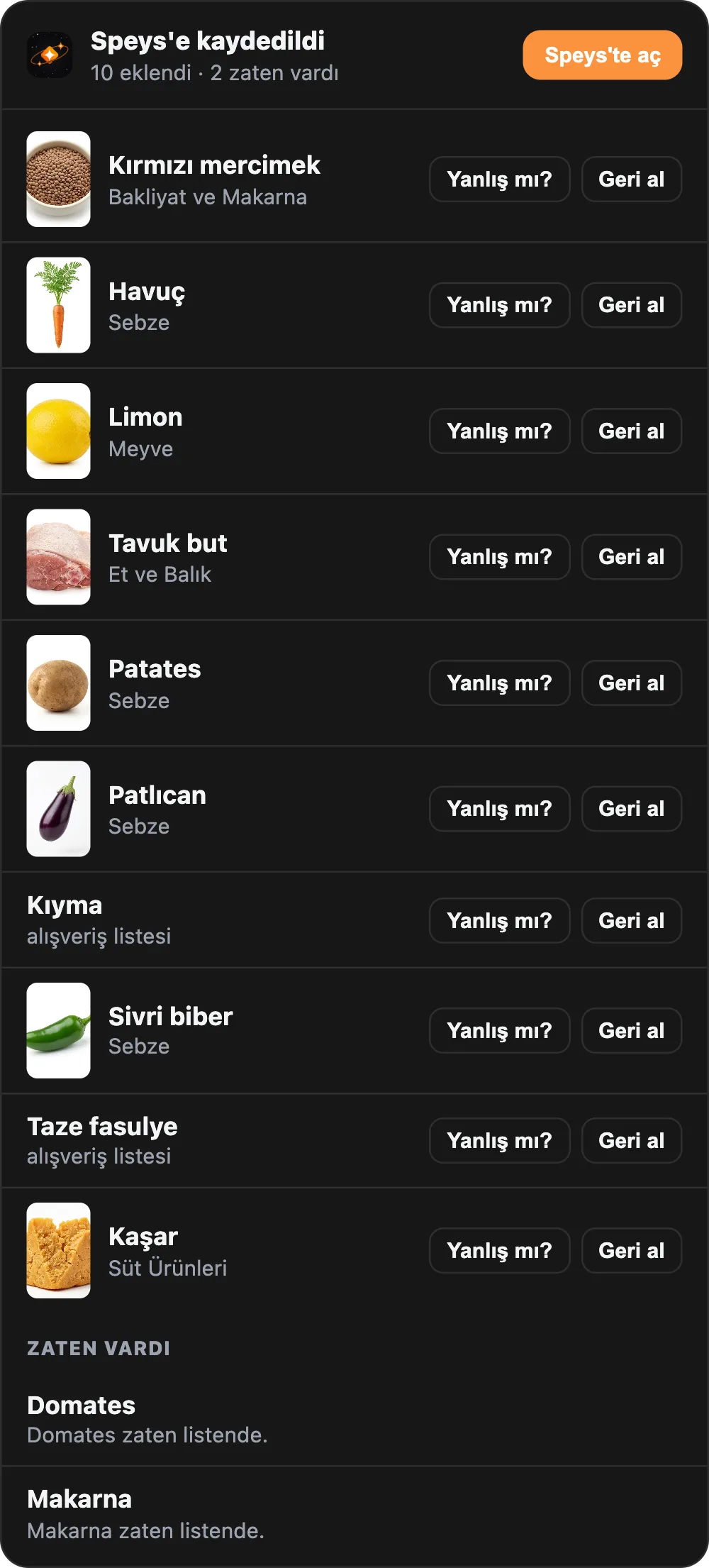 ChatGPT sohbetinde Speys'in sonuç kartı: 10 ürün alışveriş listesine eklendi, 2'si zaten vardı