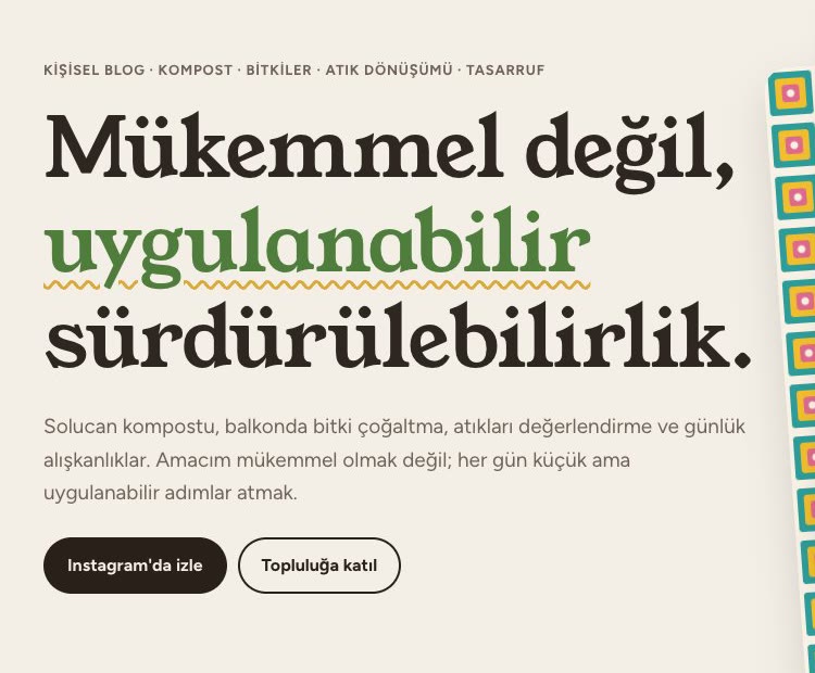 Sürdürülebilir İz sitesinin giriş bölümü: "Mükemmel değil, uygulanabilir sürdürülebilirlik."